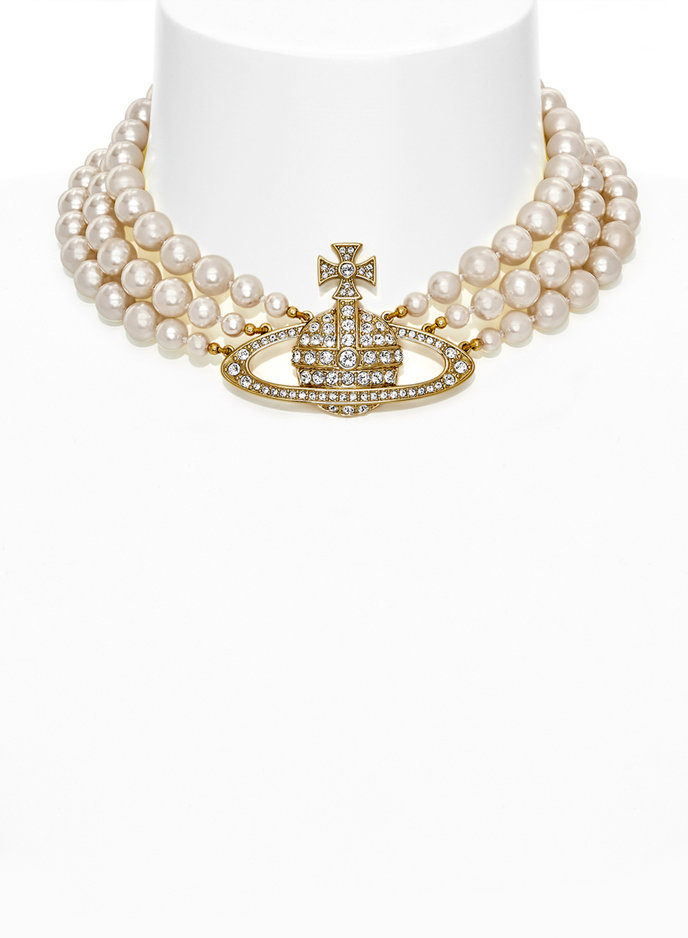 THREE ROW PEARL BAS RELIEF CHOKER zlatý